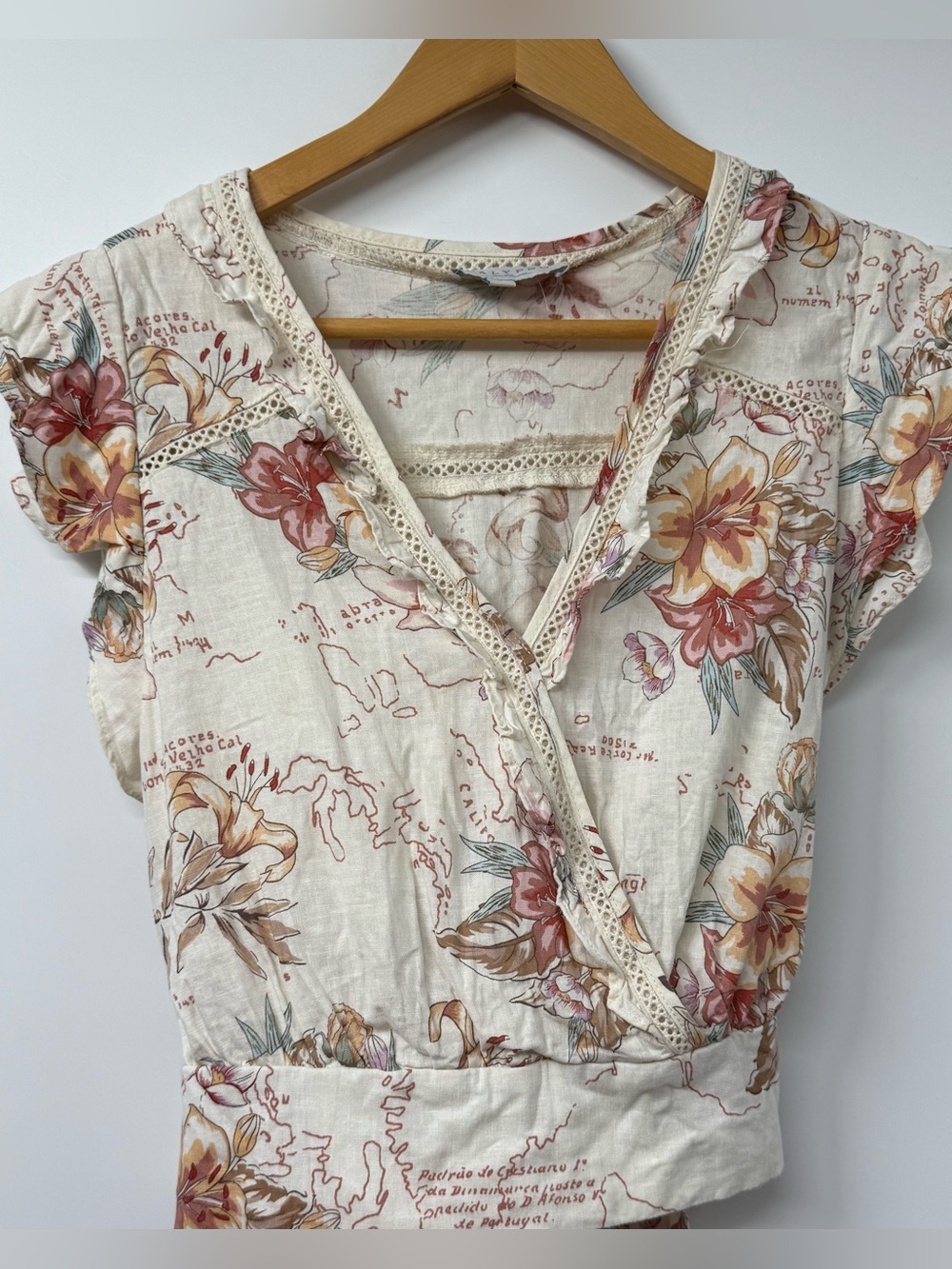 Calypso St Barth Linen Crop Top Floral Map Print Tie Waist Blouse Euro Parisian